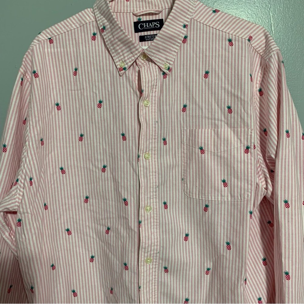 Chaps Shirt Mens XL‎ Pink Striped Pineapple Pattern Long Sleeve Button Up Oxford - Picture 3 of 5